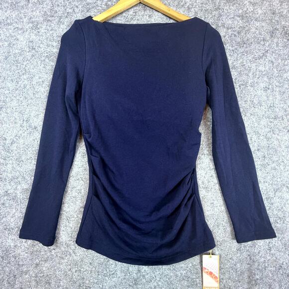 OGL Move Eco Mousse Tucks Brami Top Womens Medium Navy Blue Ruched Built in Bra - Picture 1 of 8